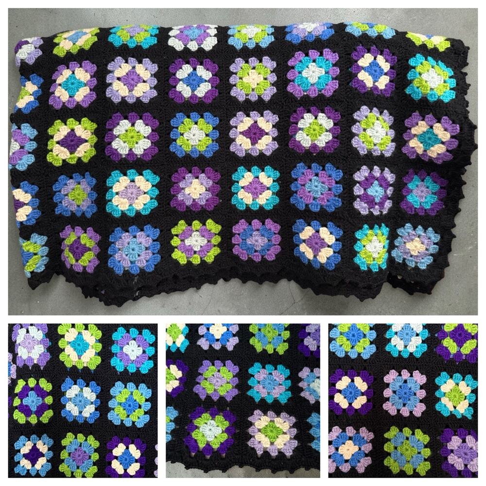 VTG Heirloom Crocheted Afghan Blanket Large 100”x76” Purple Turquoise Black EUC